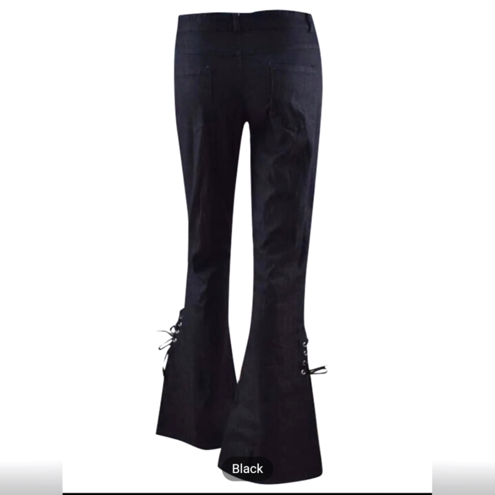 Women's Black Bell Bottom Stretchy Jeans with Lace-Up Bottoms - Picture 4 of 5